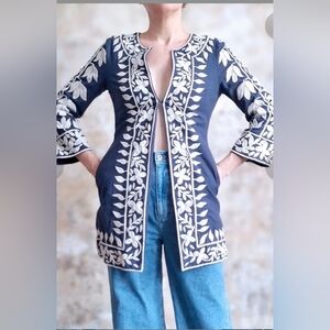 Lucky Brand Navy Blue Embroidered Floral Tunic Jacket - Size S